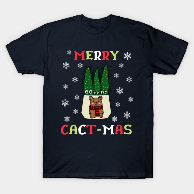 Merry Cact Mas - Eves Pin Cacti In Christmas Bear Pot T-Shirt by DreamCactus